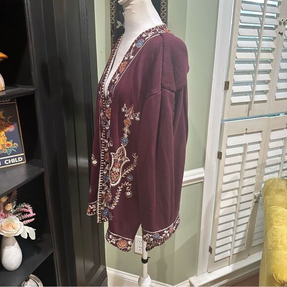 Soft Surroundings Embroidered Maroon Open Front Cardigan Size Medium - Picture 14 of 15